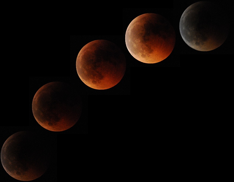 Rêve • Éclipse de Lune (photomontage de 5 clichés), plage de Carnon, Hérault, France, 15 juin ‎2011 (de 22 h 45 à 23 h 00, heure de Paris)