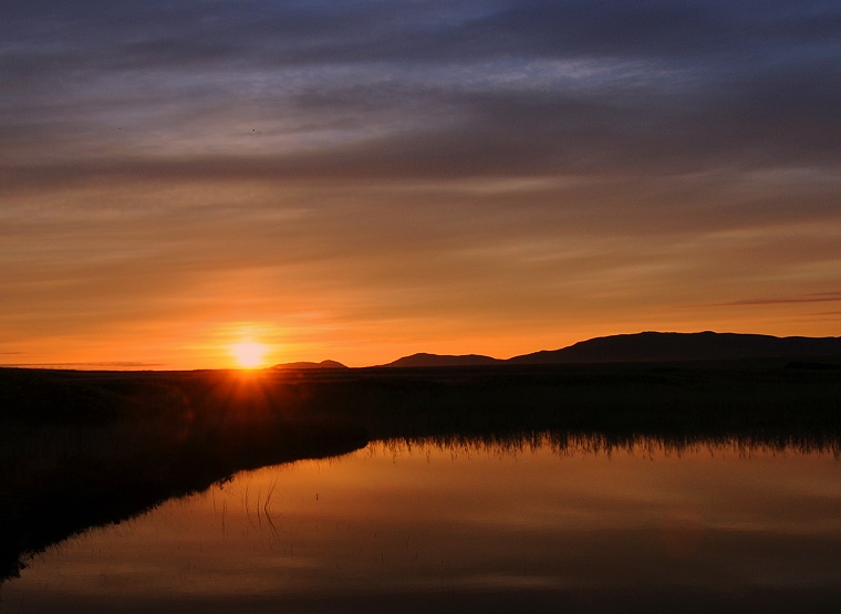 Renouveau • Au bord d’un étang... le soleil se lève au-dessus des reliefs de l’île d’Islay, Écosse, 30 juillet ‎2011