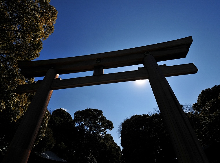 Passage • Torii ouvrant le chemin principal, sanctuaire shinto de Meiji Jingu, Tokyo, Japon, 18 février 2012